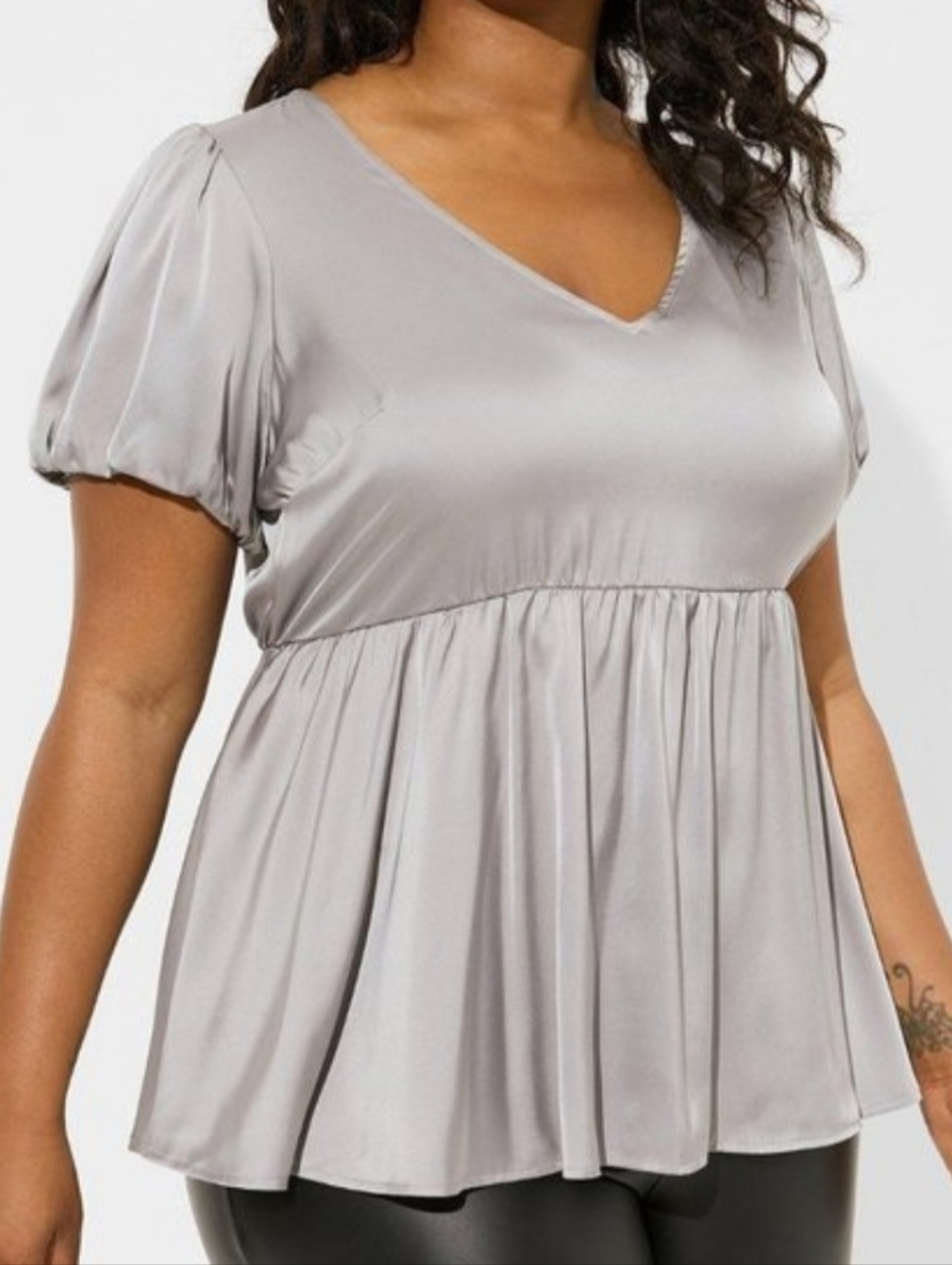 Satin V-Neck Puff Short Sleeve Blouse